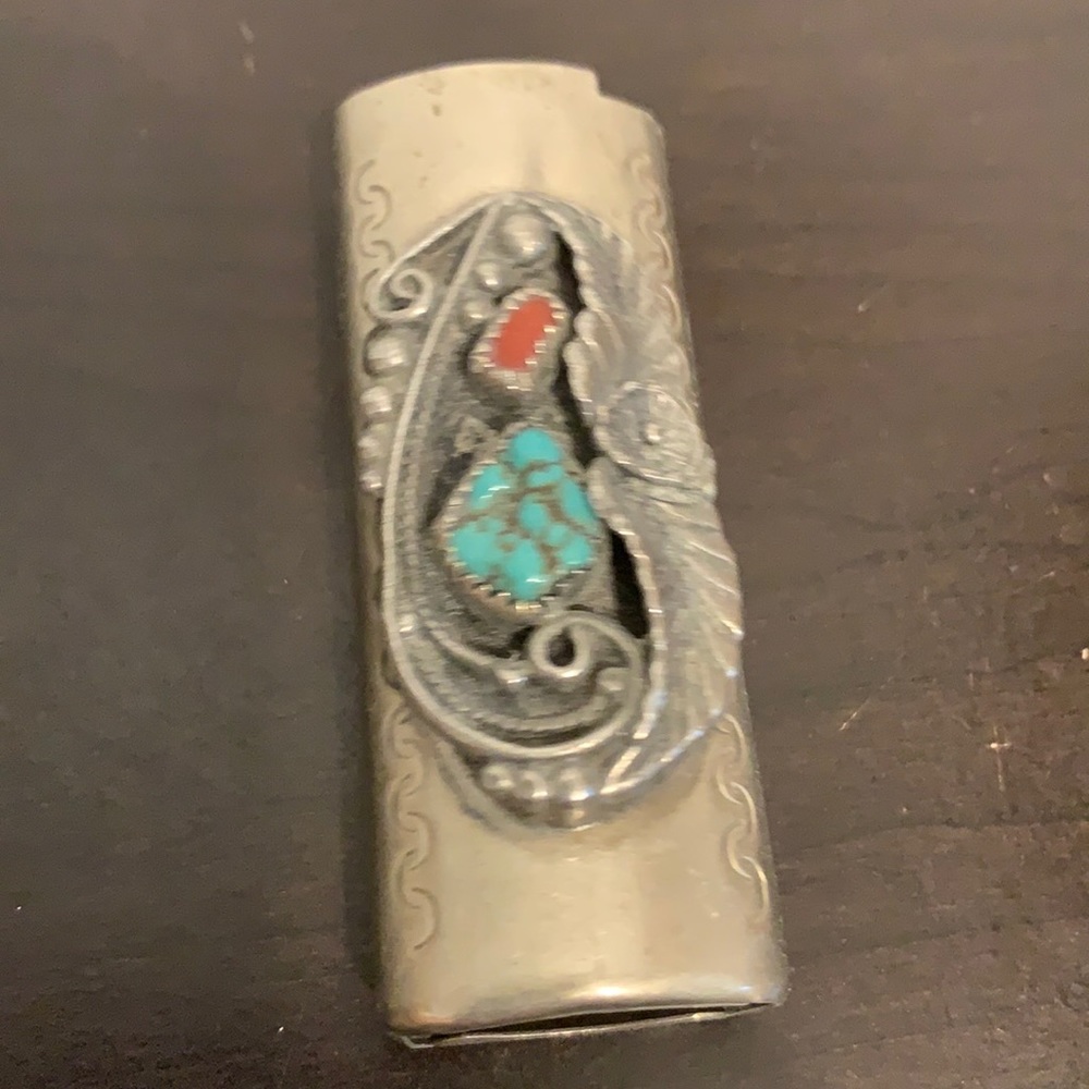Vintage C-W Silver and turquoise lighter cover